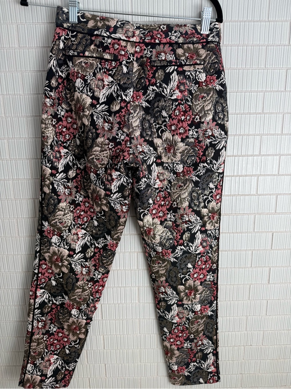 Maeve Black Floral Jacquard Pants with Pink and Gold Accents